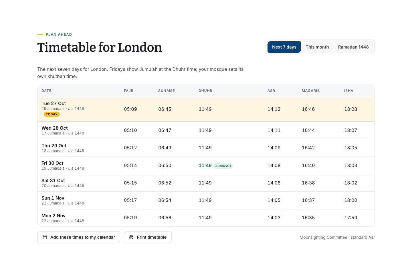 Week, month and Ramadan timetable